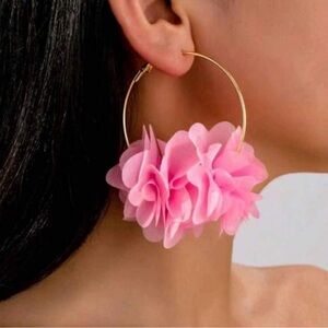 Gold Hoops w/ Pink Flower Pom Details